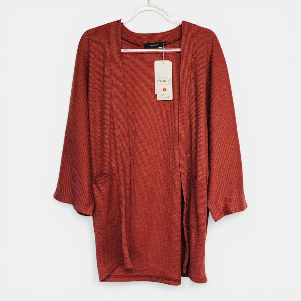 Fashion Womens Small Waffle Knit Open Front Cardigan Deep Orange Pockets NWT